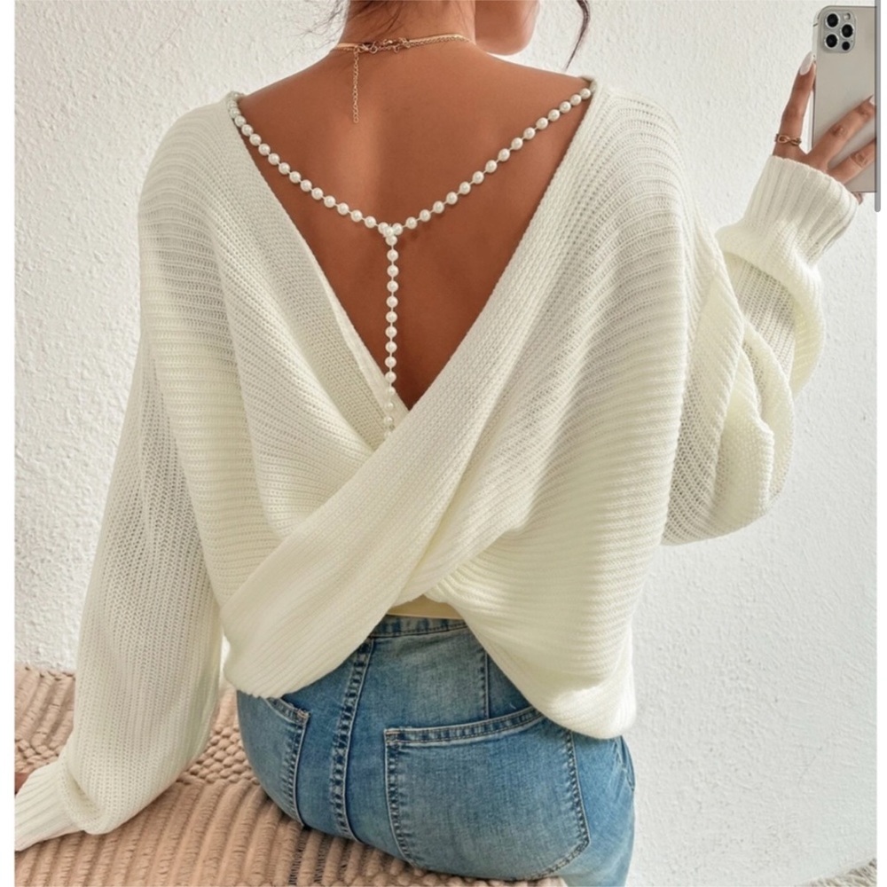 Off White Backless Pearl Detail Oversized Knit Sweater Twist Back Long Sleeve